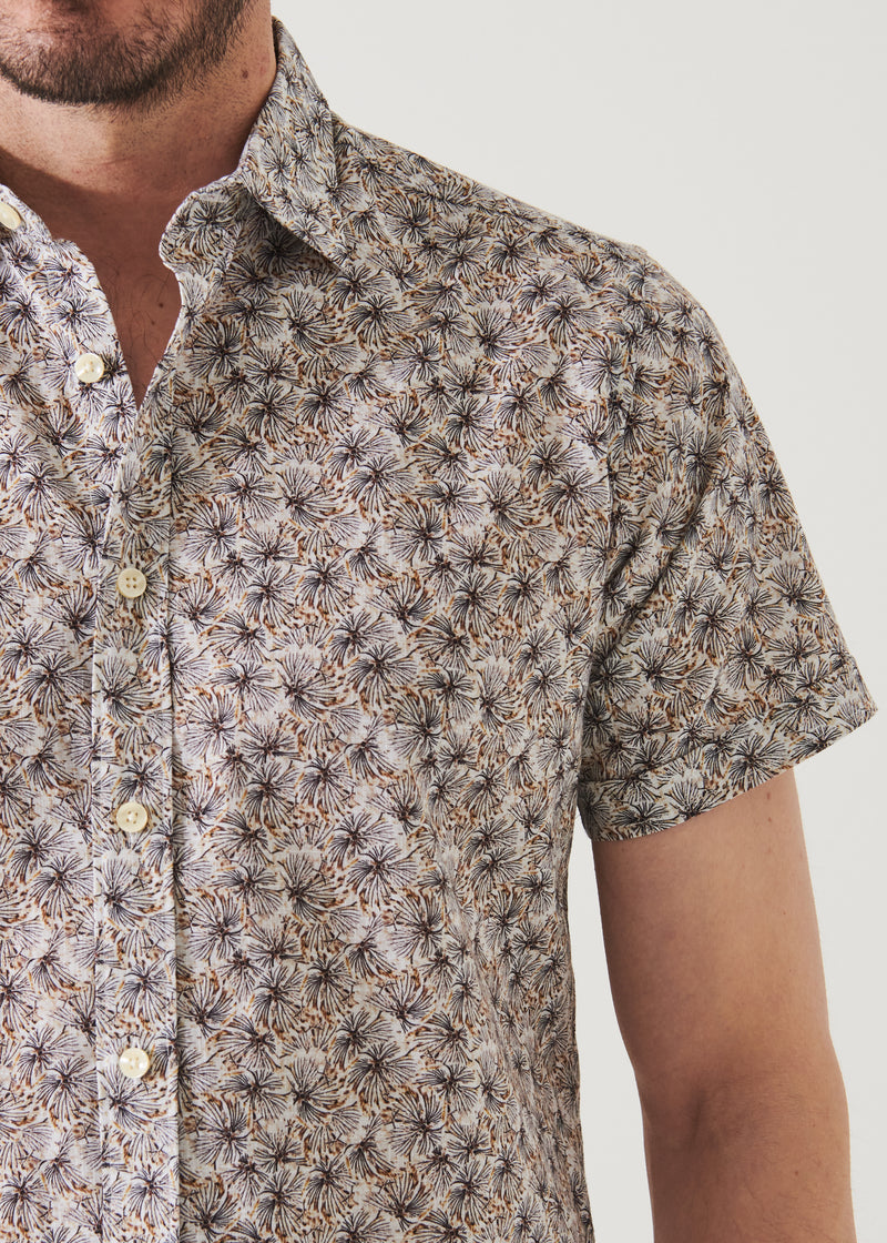 Short Sleeve Leaf Print Cotton Button Up