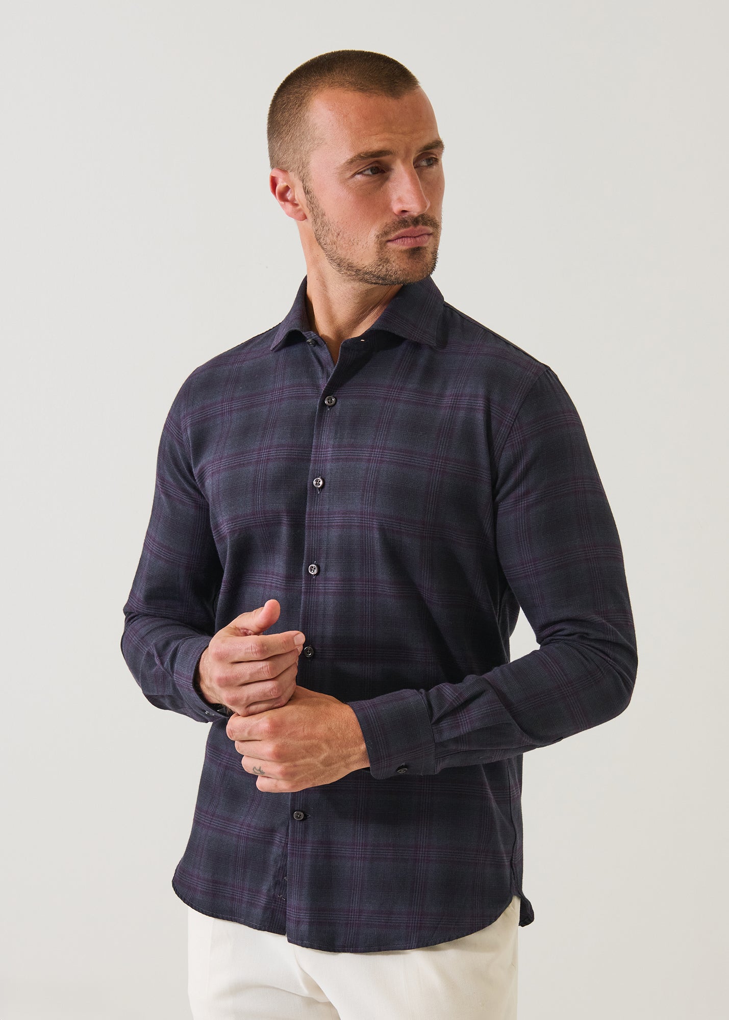 Wool Checkered Spread Collar Shirt