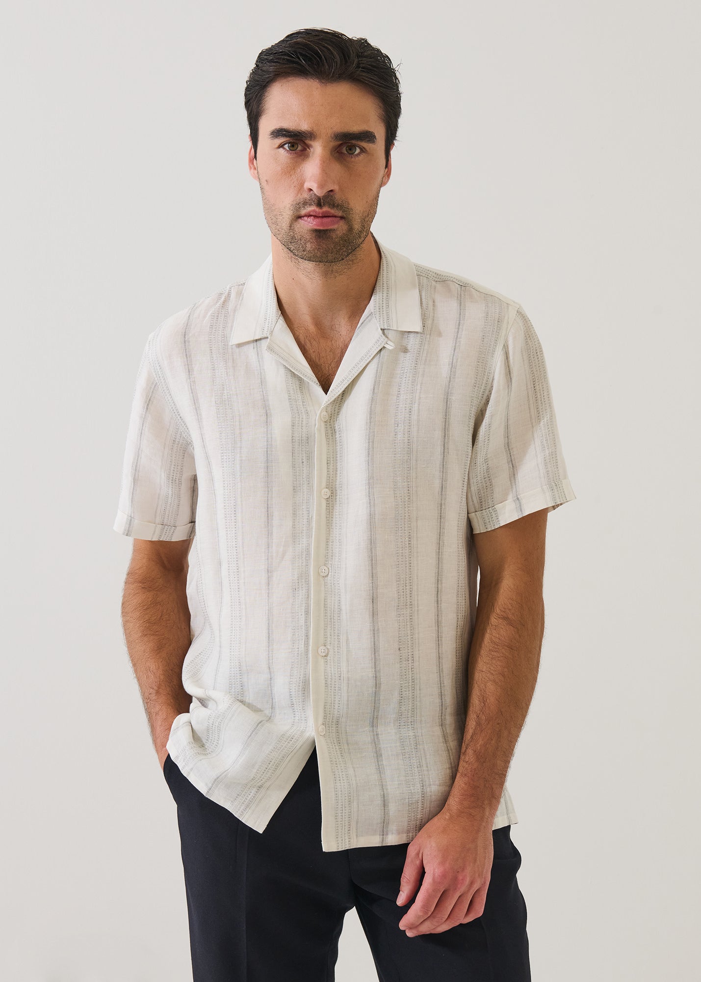 Dobby Stripe Linen Camp Collar Shirt