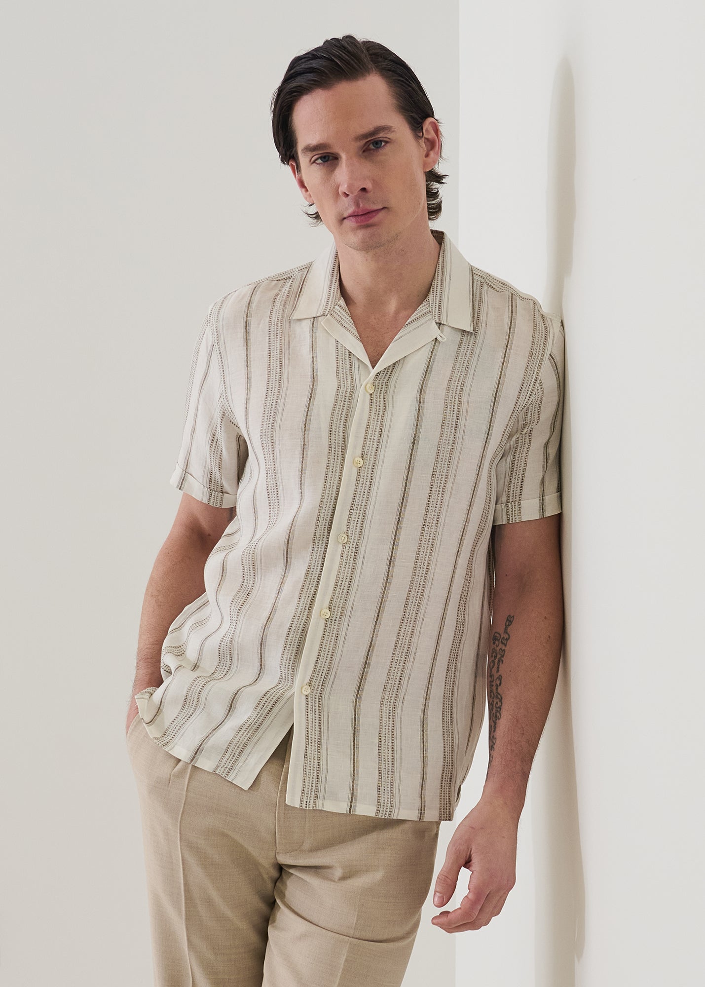 Dobby Stripe Linen Camp Collar Shirt - PATRICK ASSARAF