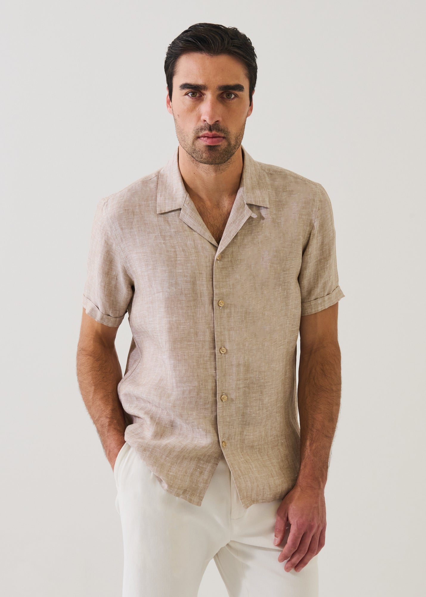Striped Jacquard Linen Camp Collar Shirt