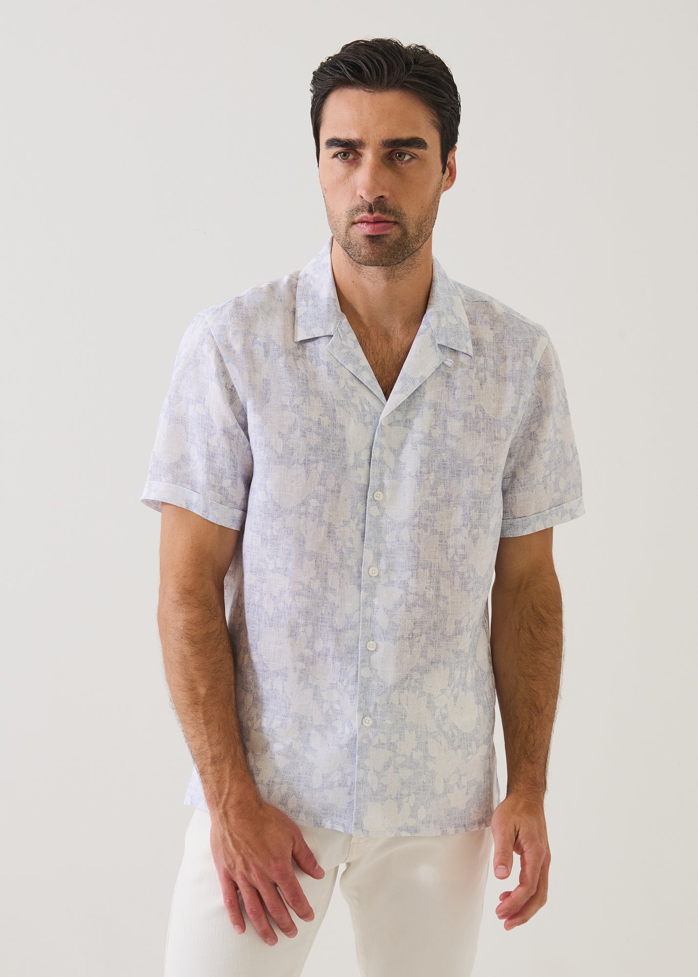 Faded Botanical Print Linen Camp Collar Shirt