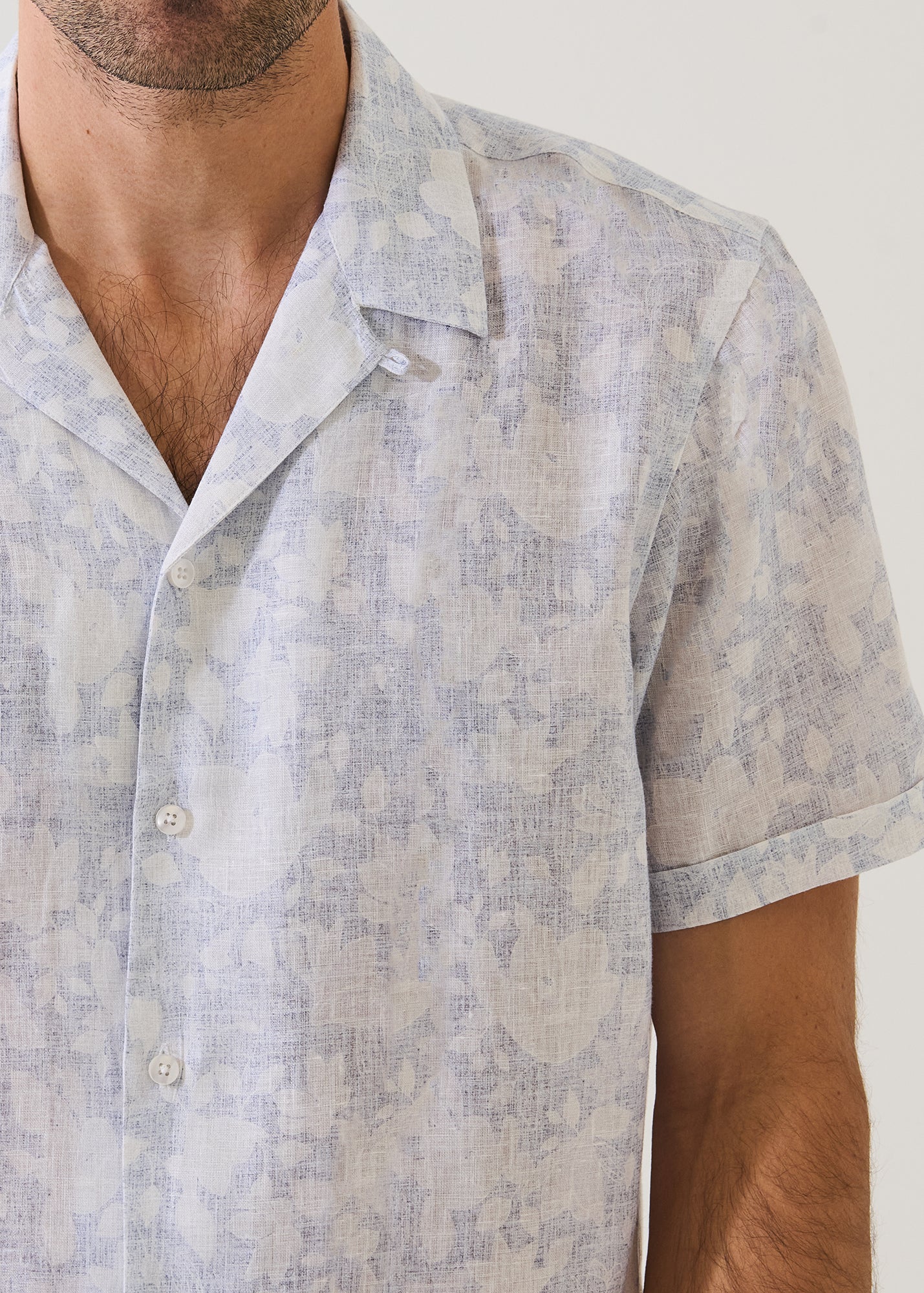 Faded Botanical Print Linen Camp Collar Shirt