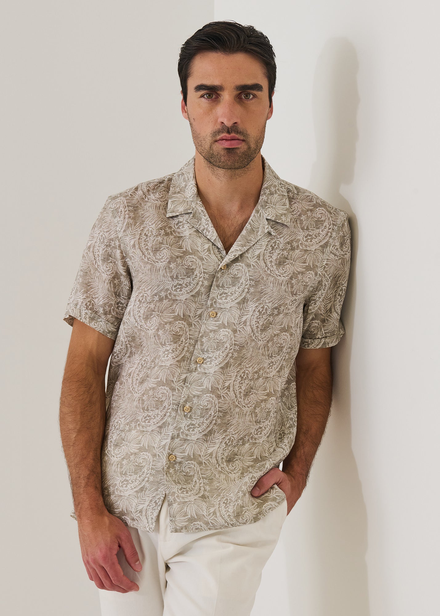 Paisley Print Linen Camp Collar Shirt