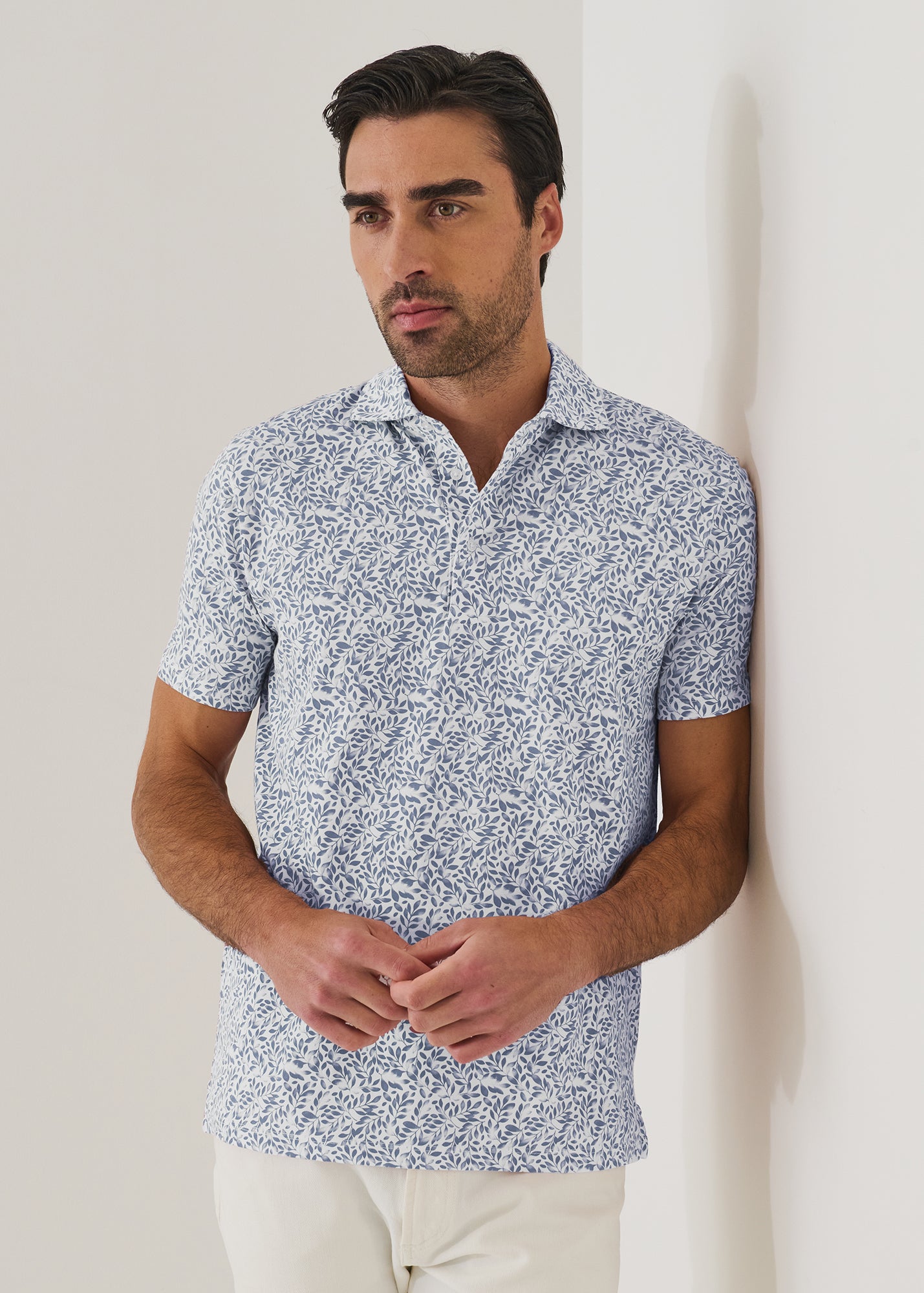 Pima Cotton Stretch Mini Leaf Print Polo - PATRICK ASSARAF
