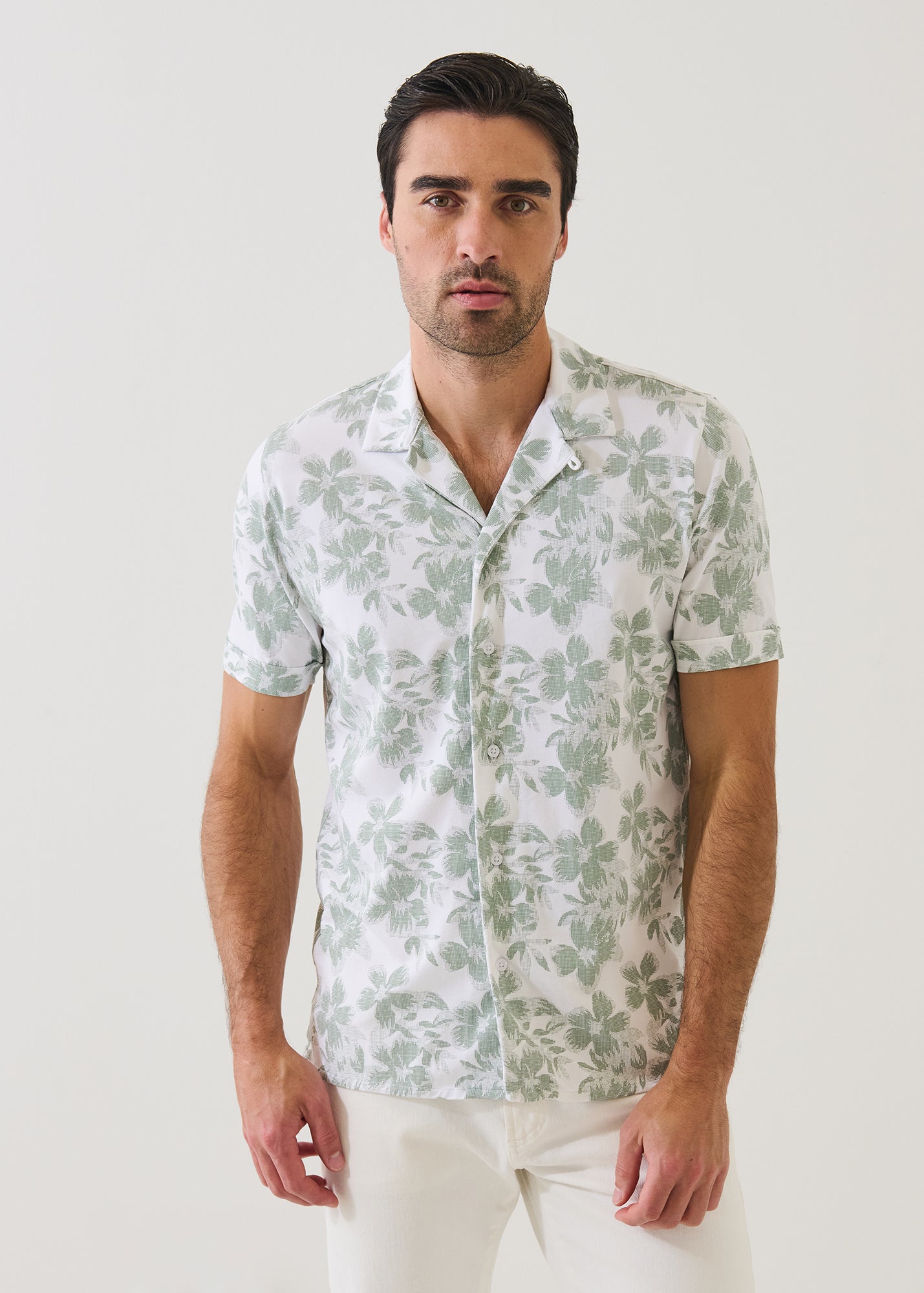 Pima Cotton Stretch Tropical Print Camp Collar Shirt