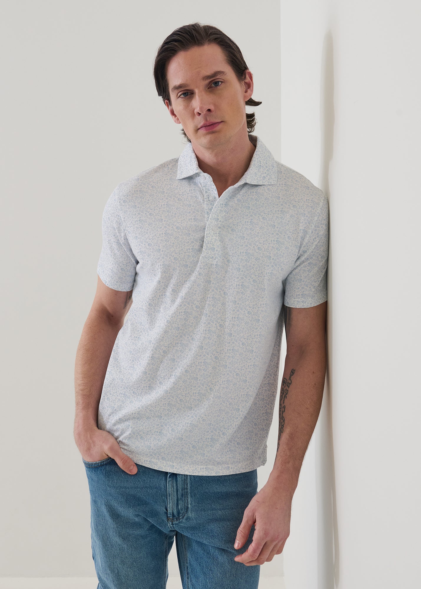 Pima Cotton Stretch Micro Floral Print Polo - PATRICK ASSARAF