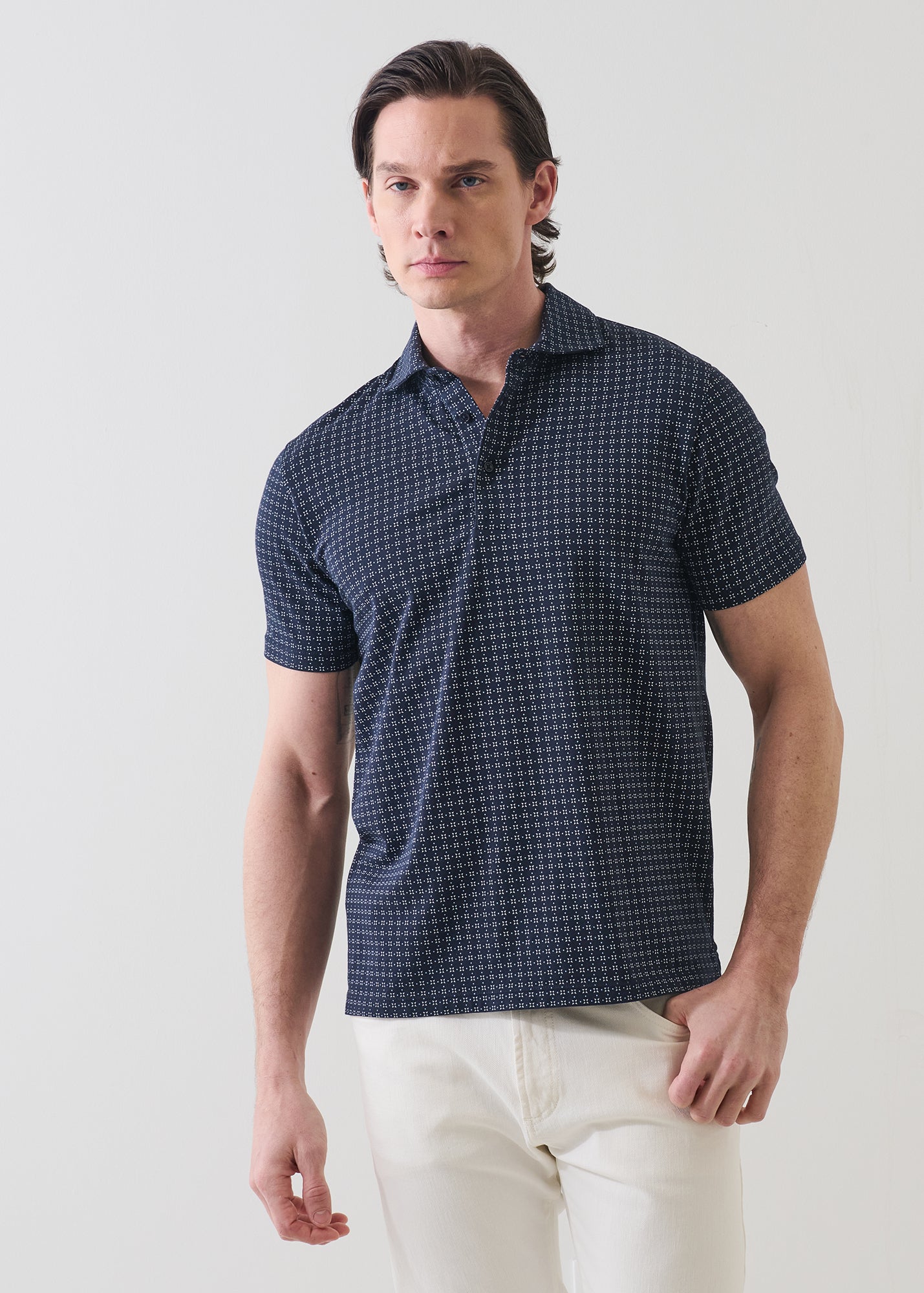 Pima Cotton Stretch Micro Geometric Print Polo - PATRICK ASSARAF