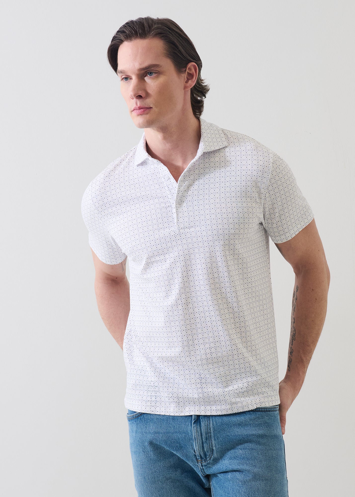 Pima Cotton Stretch Micro Geometric Print Polo - PATRICK ASSARAF
