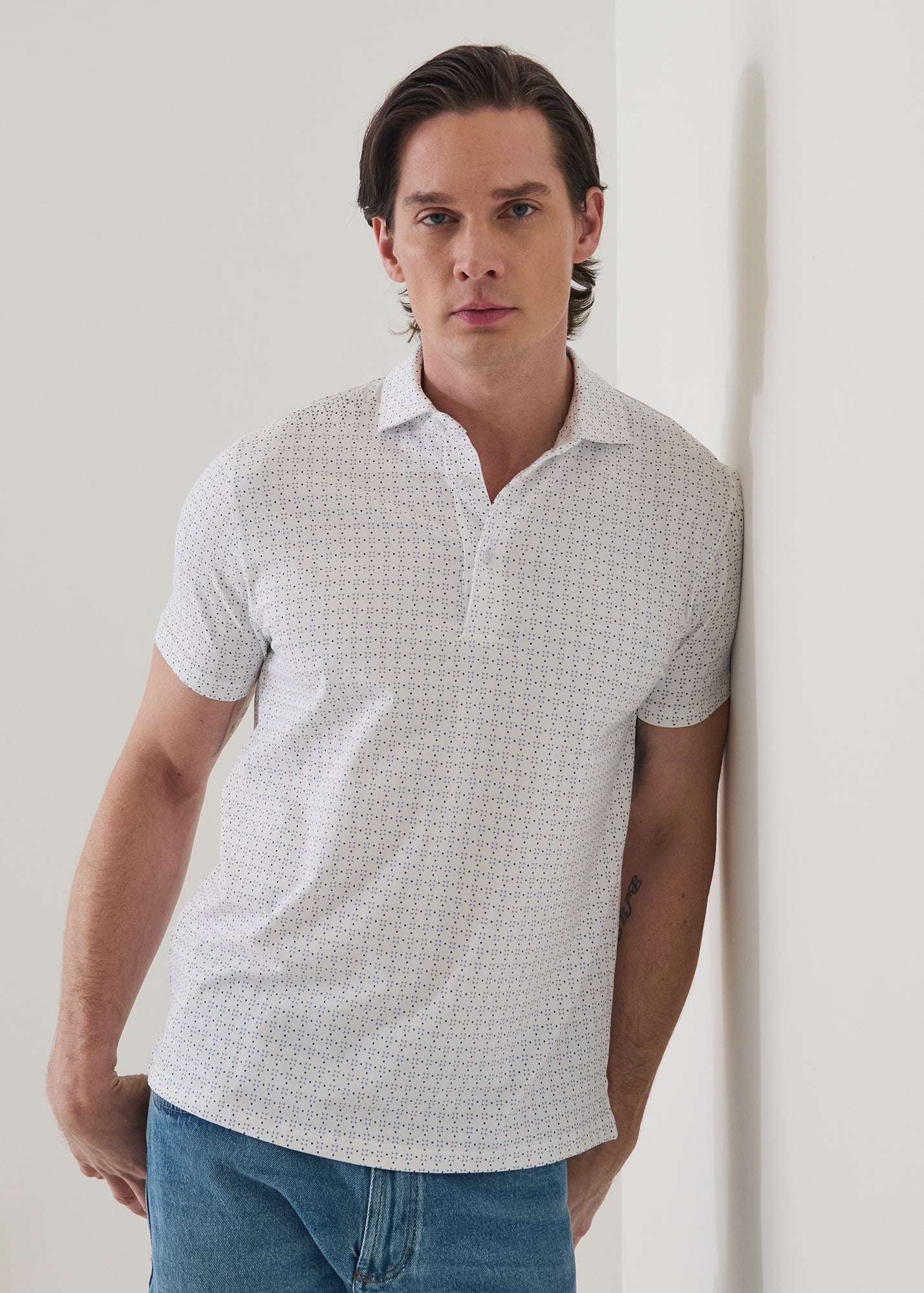 Pima Cotton Stretch Micro Geometric Print Polo - PATRICK ASSARAF