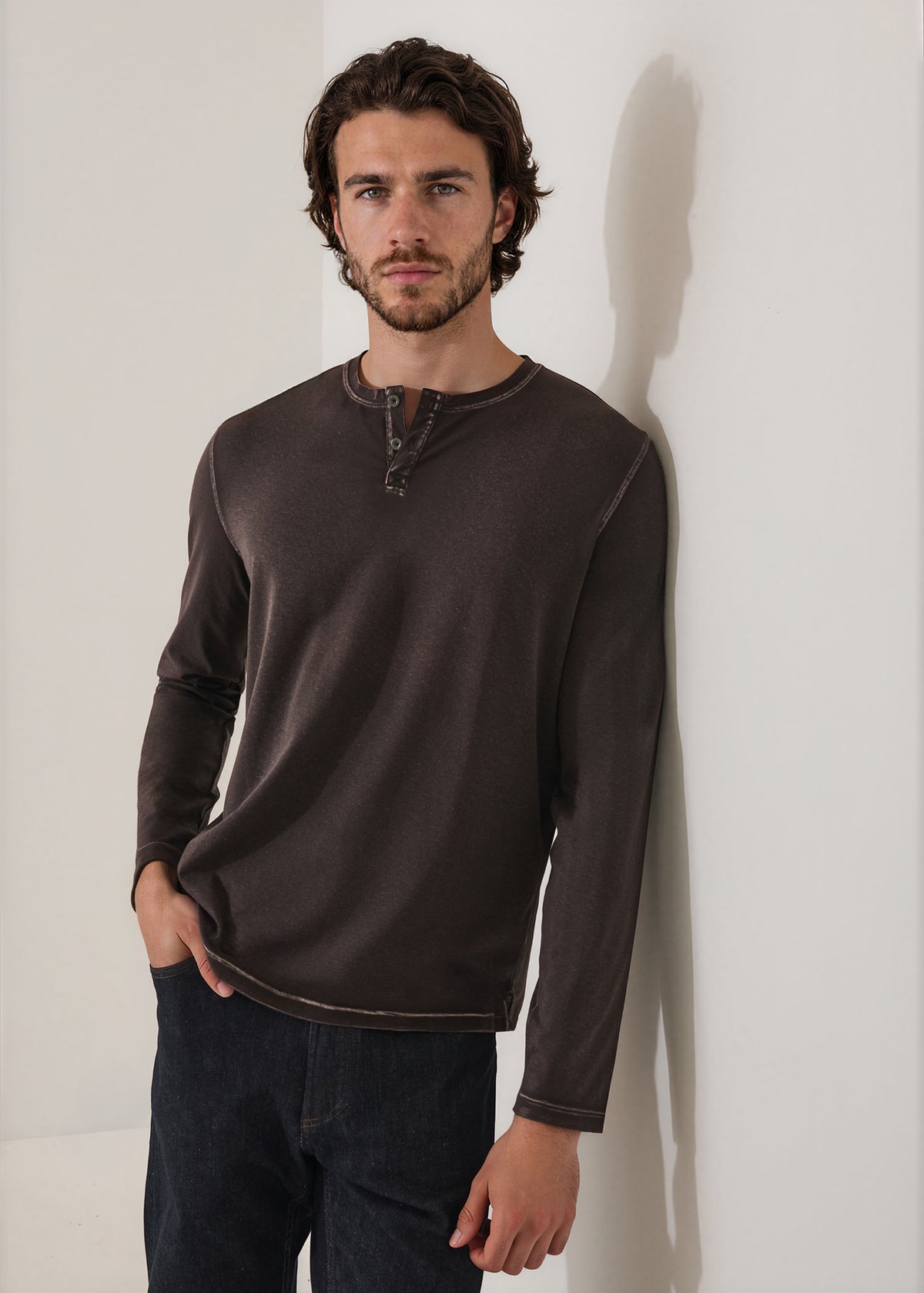 Pima Cotton Stretch Vintage Wash Henley - PATRICK ASSARAF