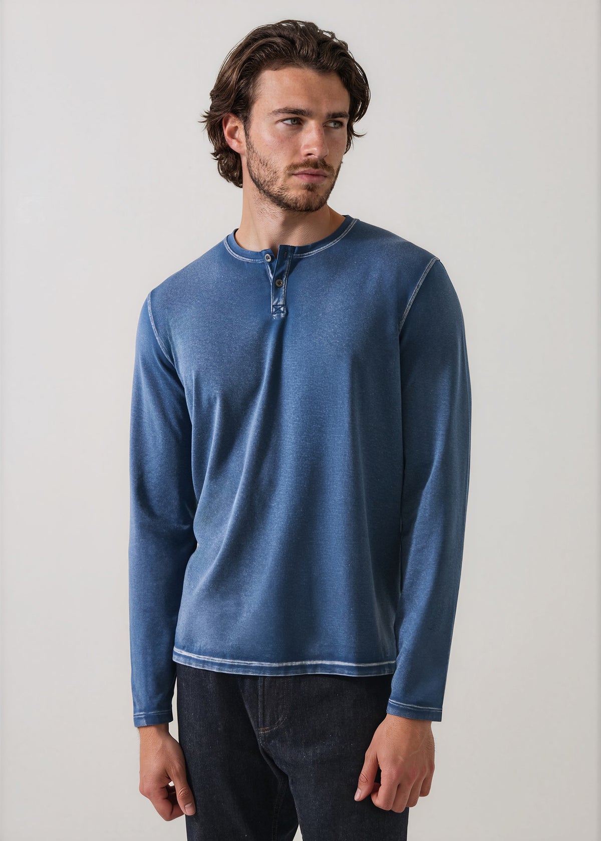 Pima Cotton Stretch Vintage Wash Henley - PATRICK ASSARAF