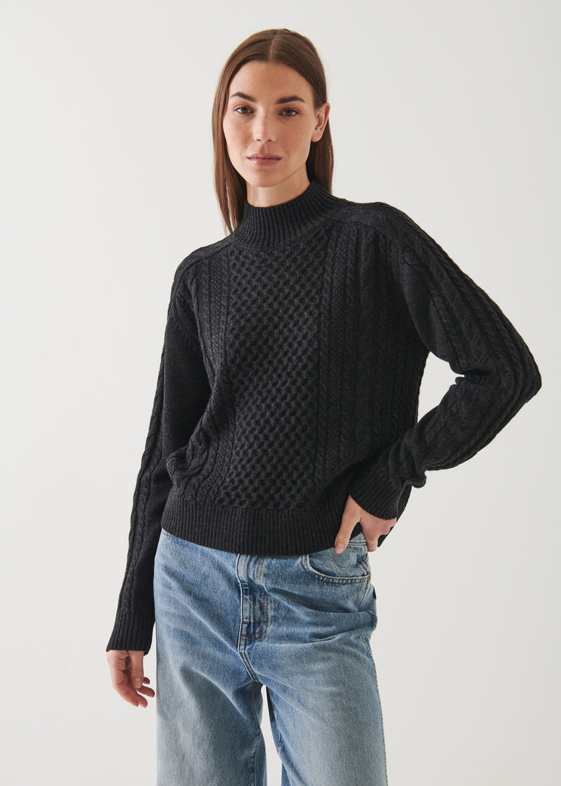 CABLE KNIT MOCK NECK SWEATER