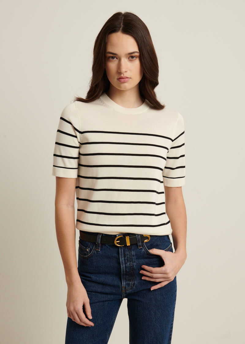 Cotton Cupro Striped Short Sleeve Crewneck