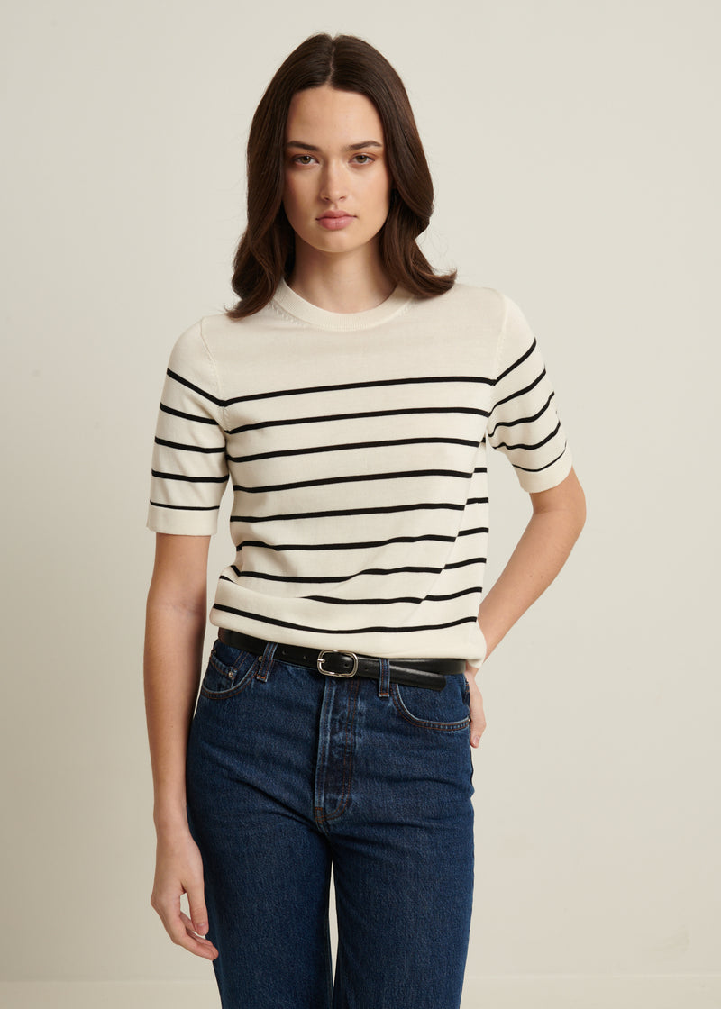 Cotton Cupro Striped Short Sleeve Crewneck