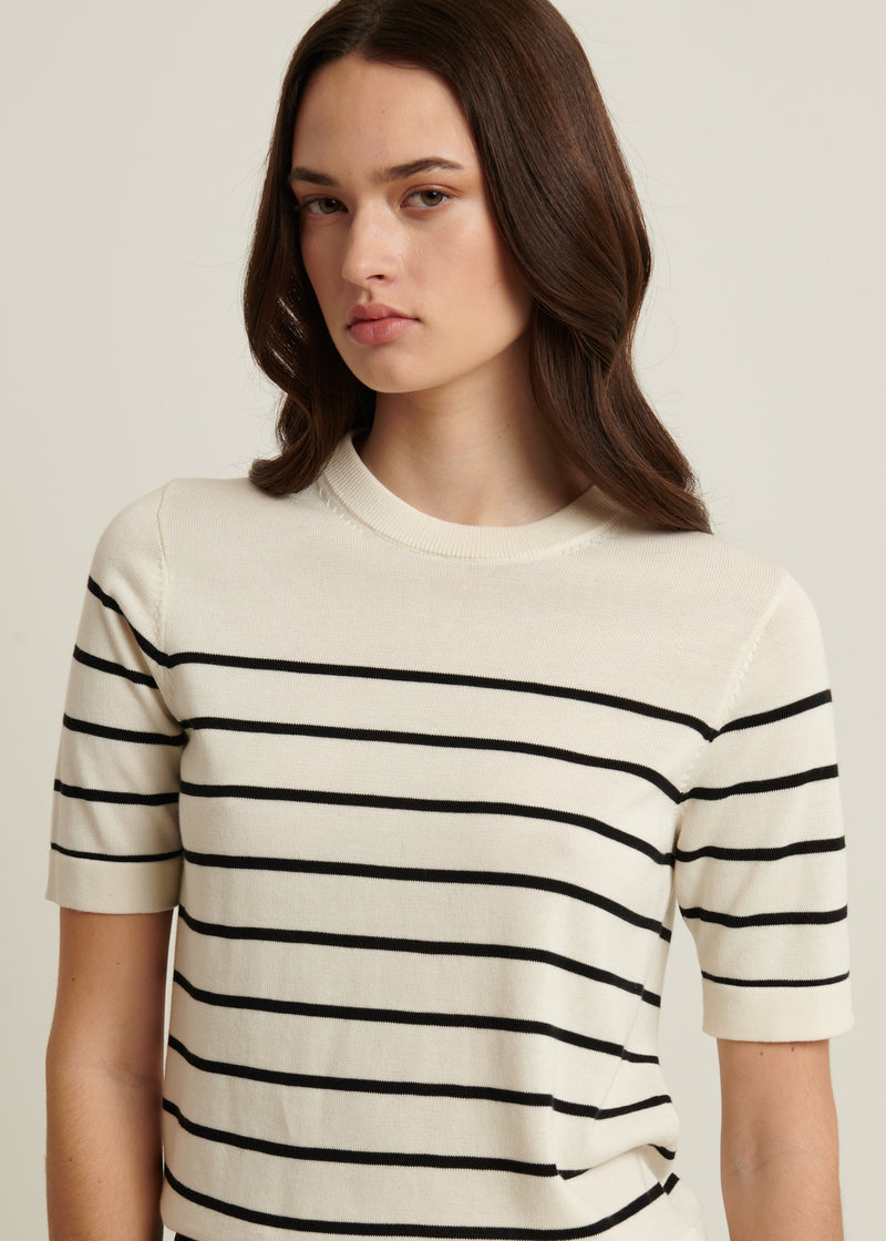 Cotton Cupro Striped Short Sleeve Crewneck