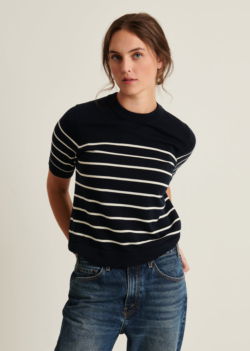 Cotton Cupro Striped Short Sleeve Crewneck