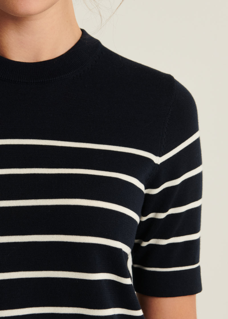 Cotton Cupro Striped Short Sleeve Crewneck