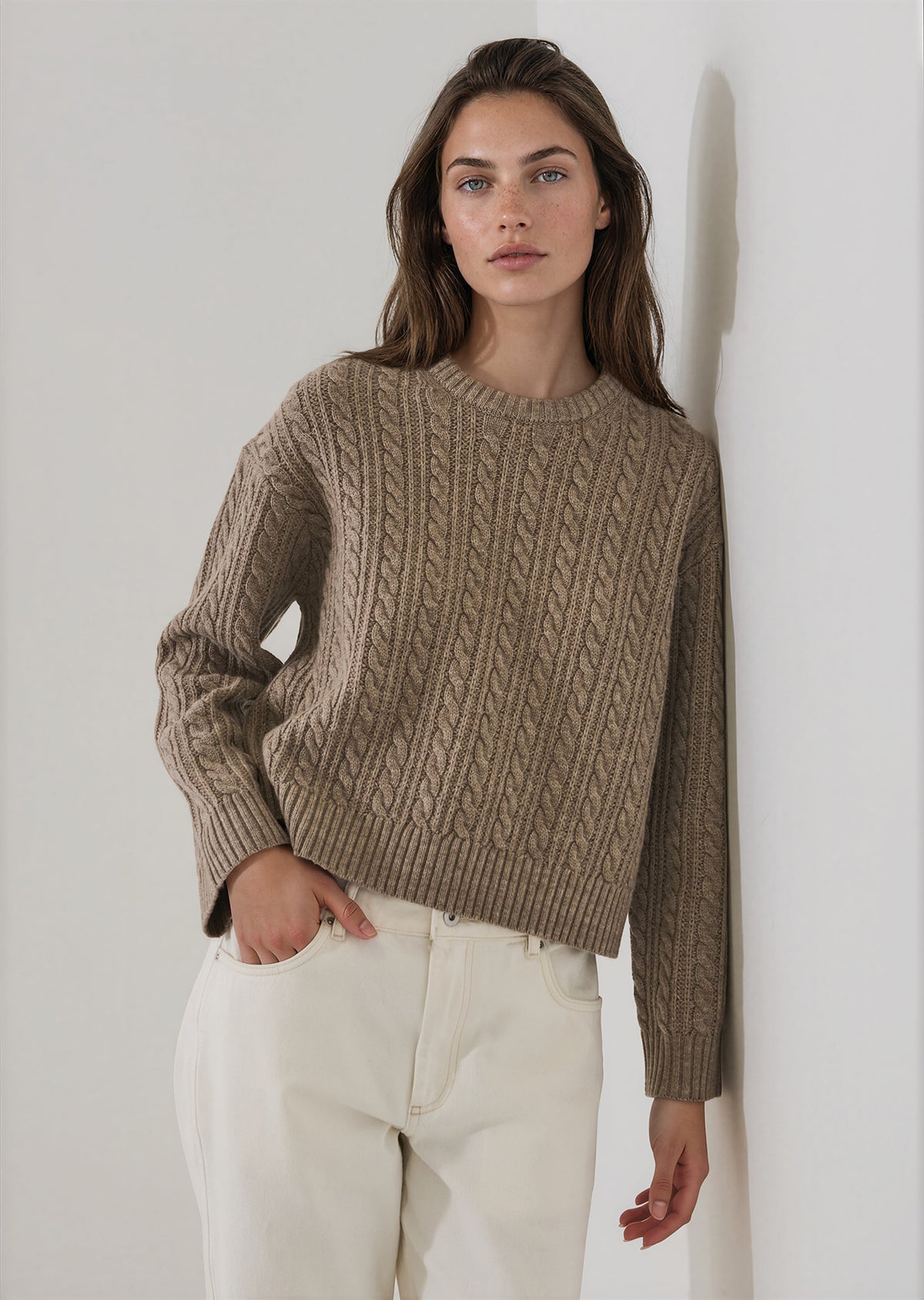 Merino Cashmere Cropped Cable Crewneck - PATRICK ASSARAF