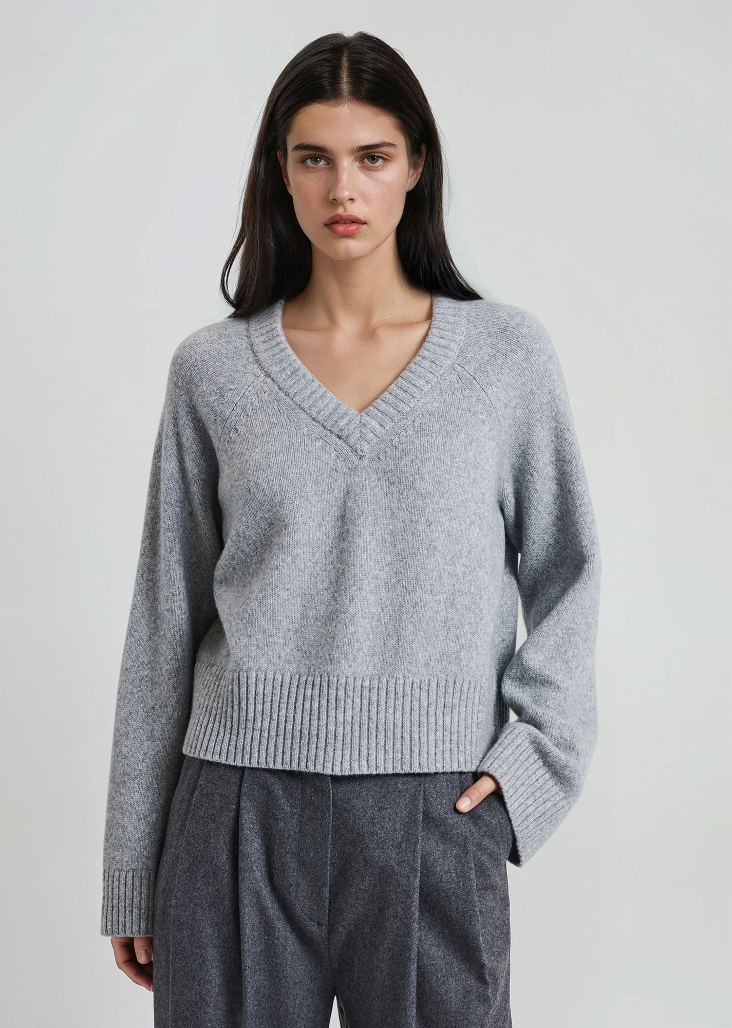 Wool Blend Cropped V-Neck Sweater
