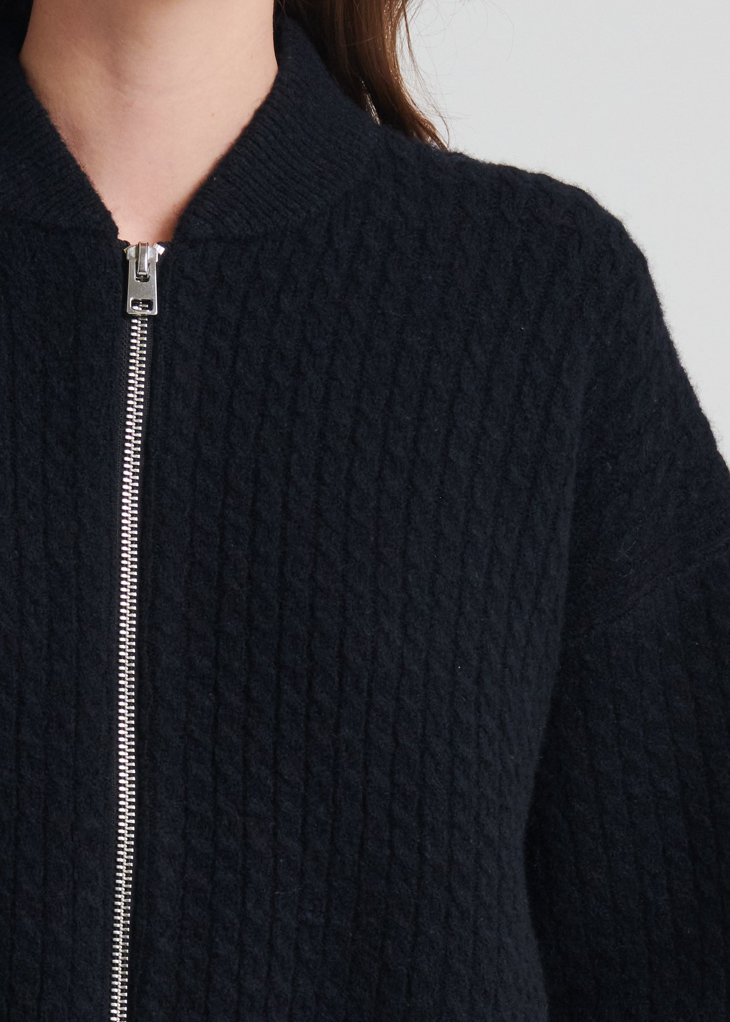 Wool Blend Cable Zip-Up Bomber