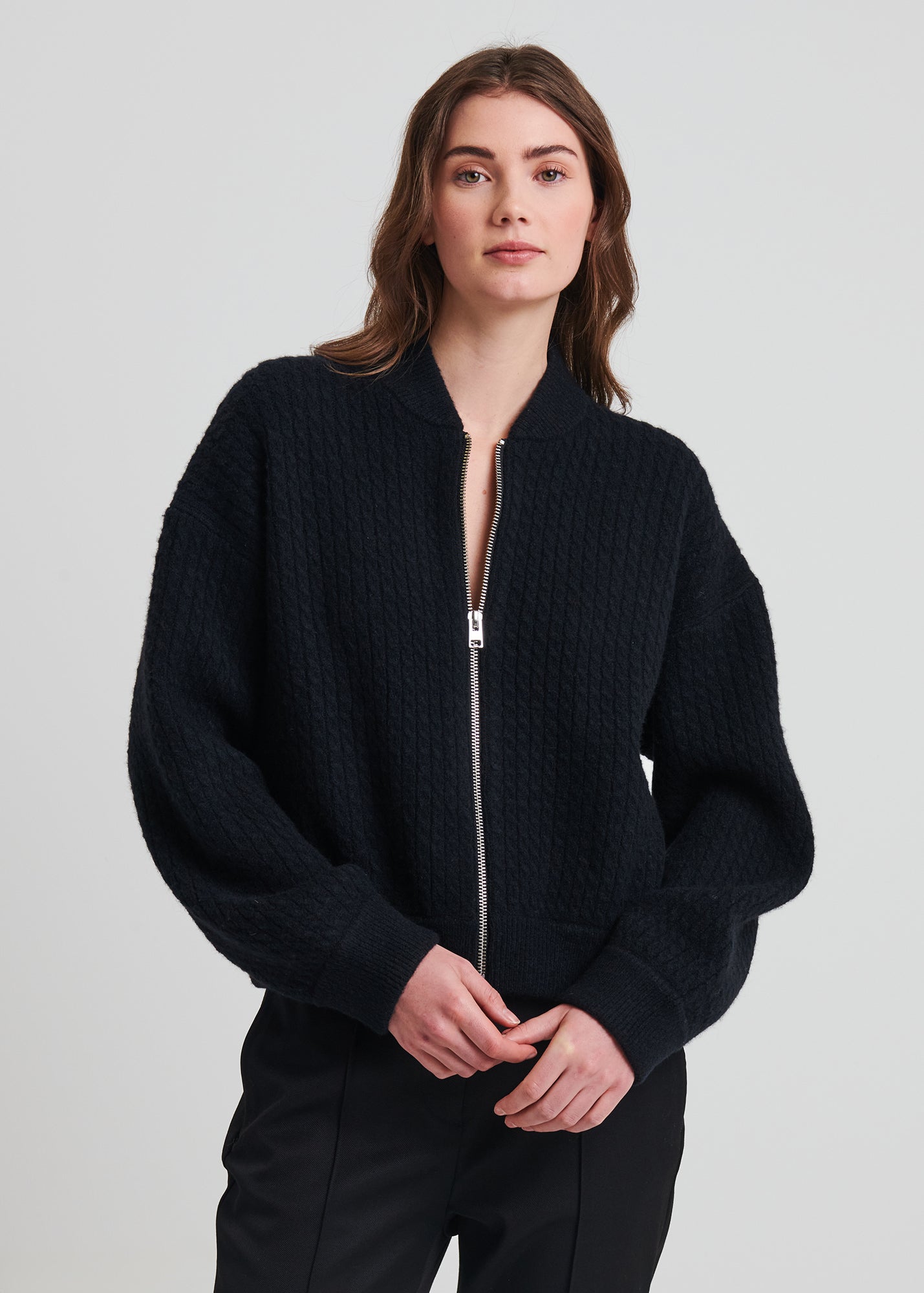 Wool Blend Cable Zip-Up Bomber