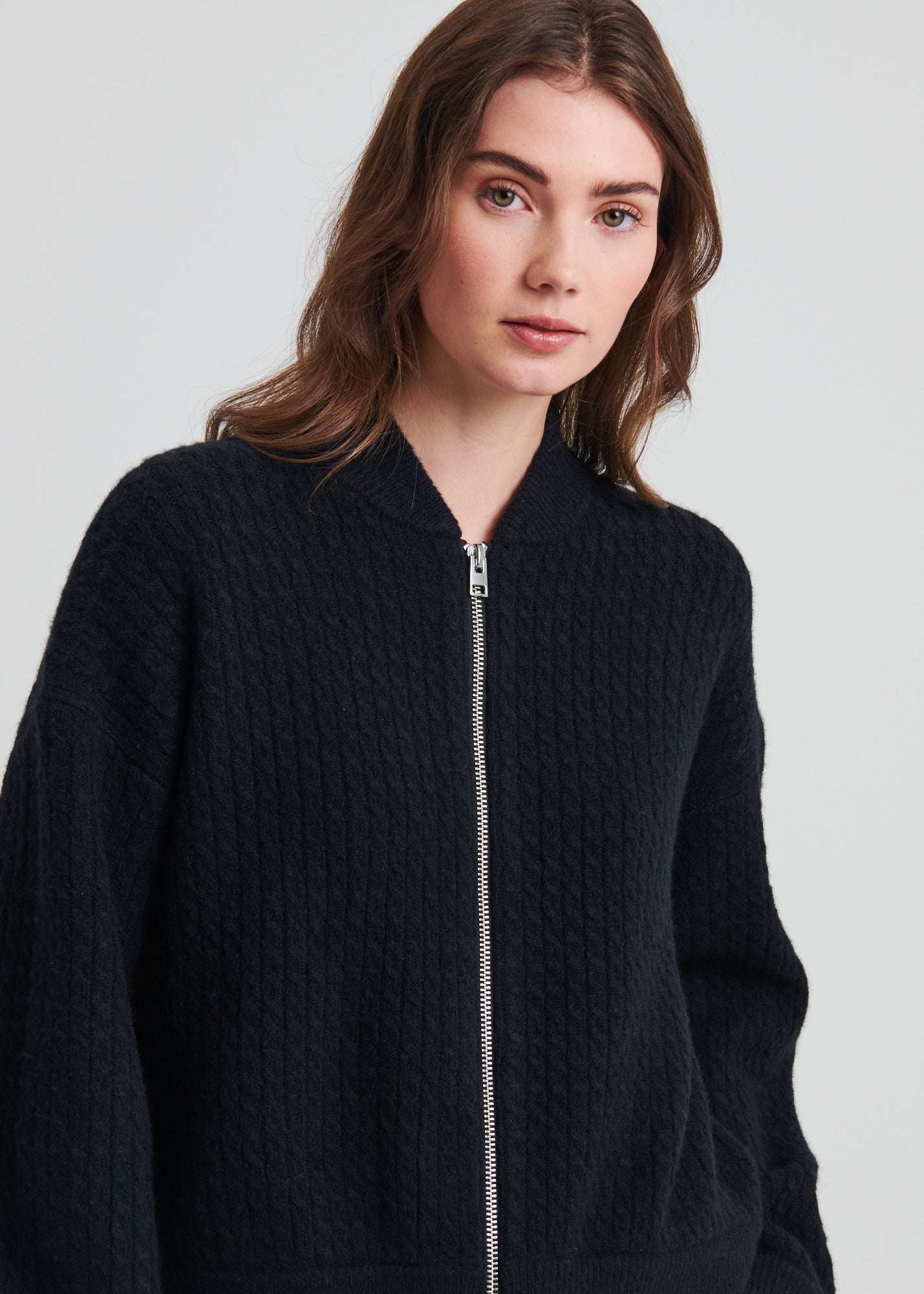 Wool Blend Cable Zip-Up Bomber