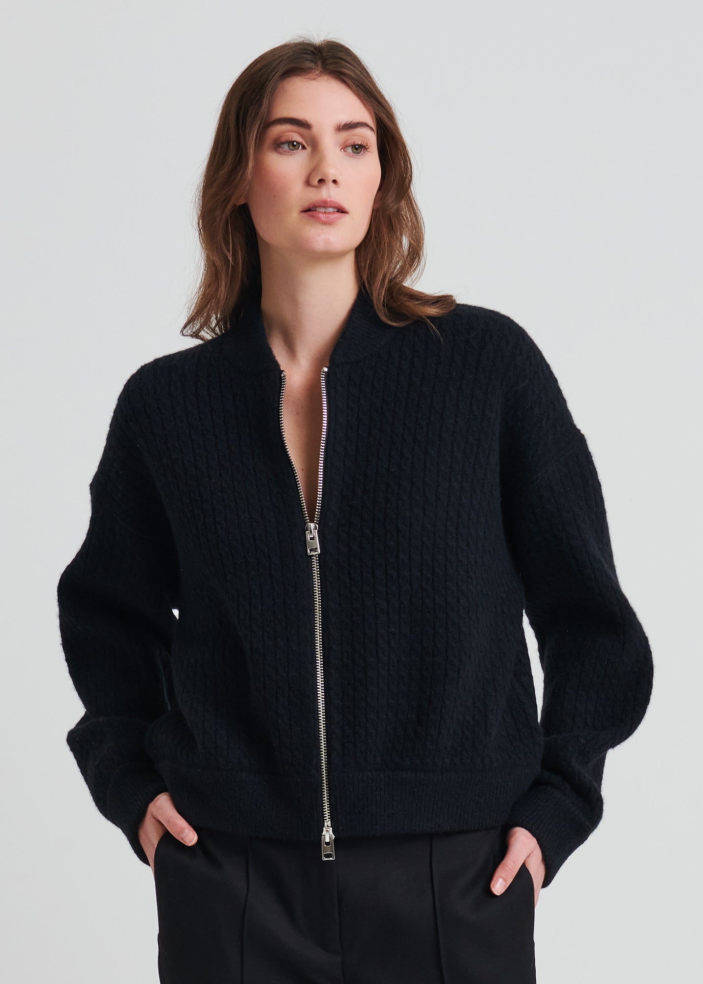Wool Blend Cable Zip-Up Bomber