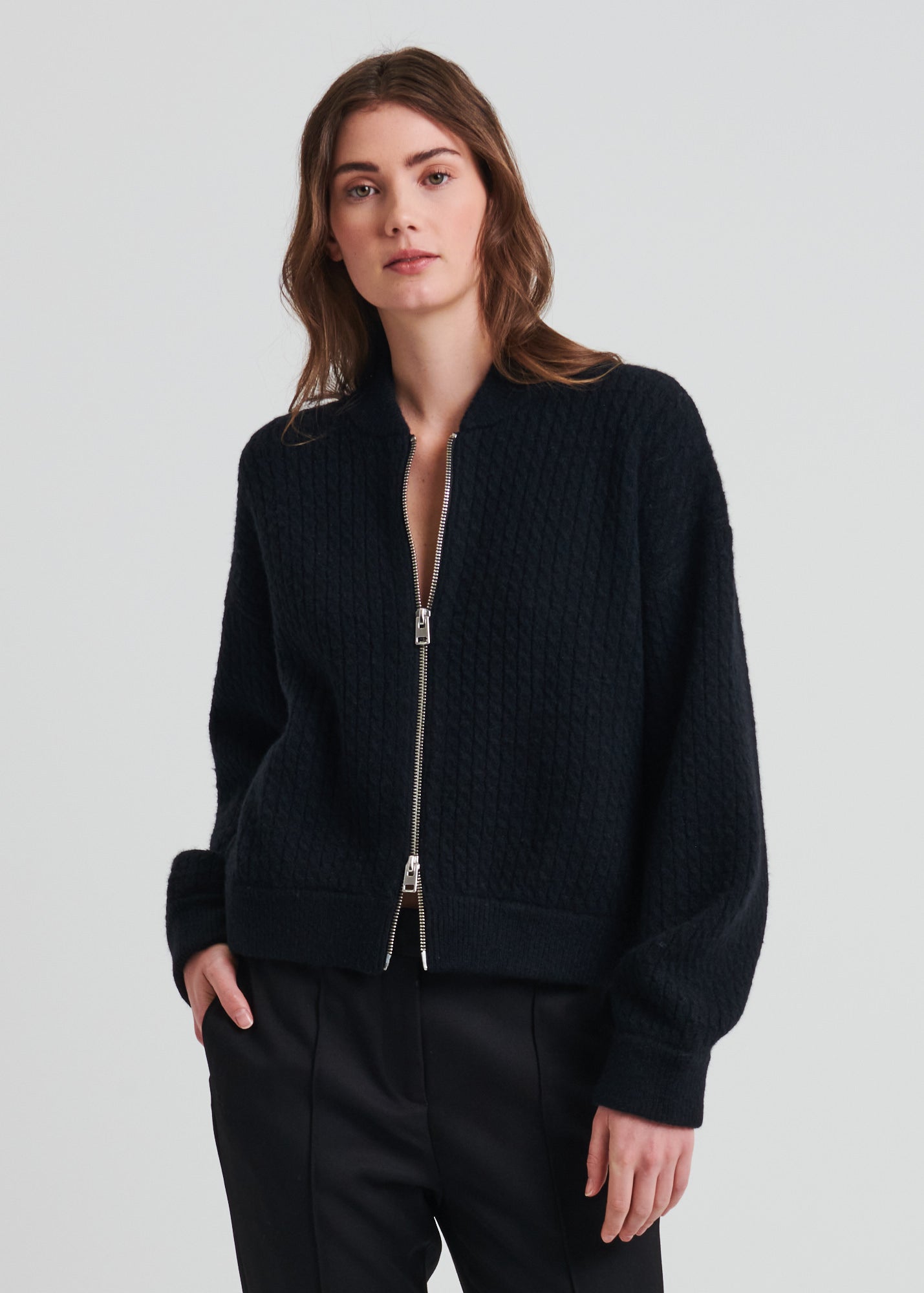 Wool Blend Cable Zip-Up Bomber