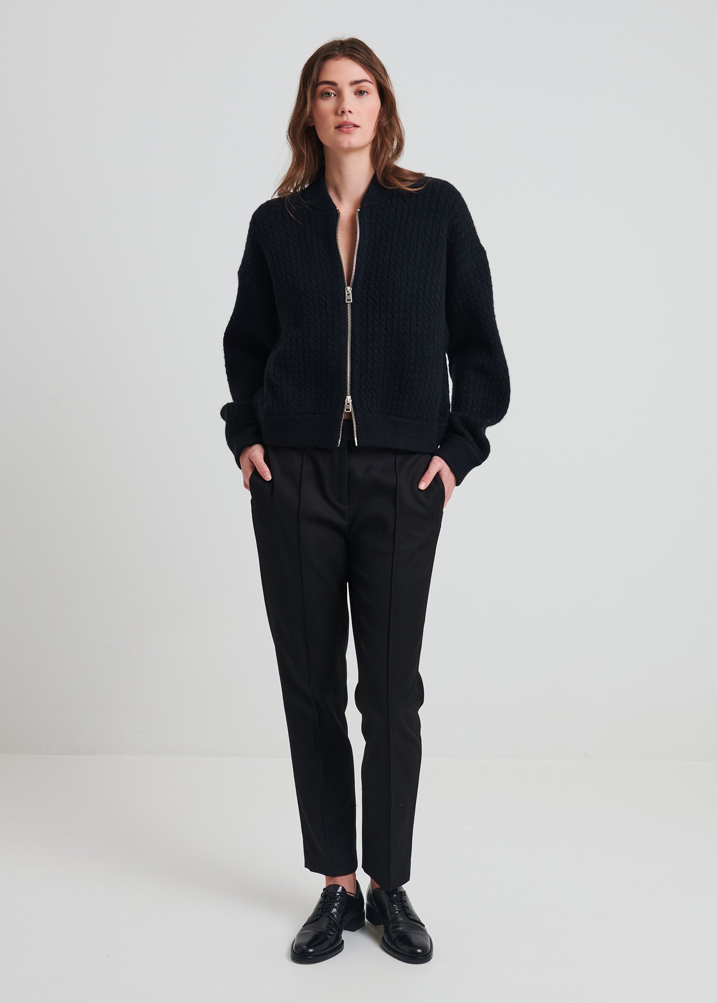Wool Blend Cable Zip-Up Bomber