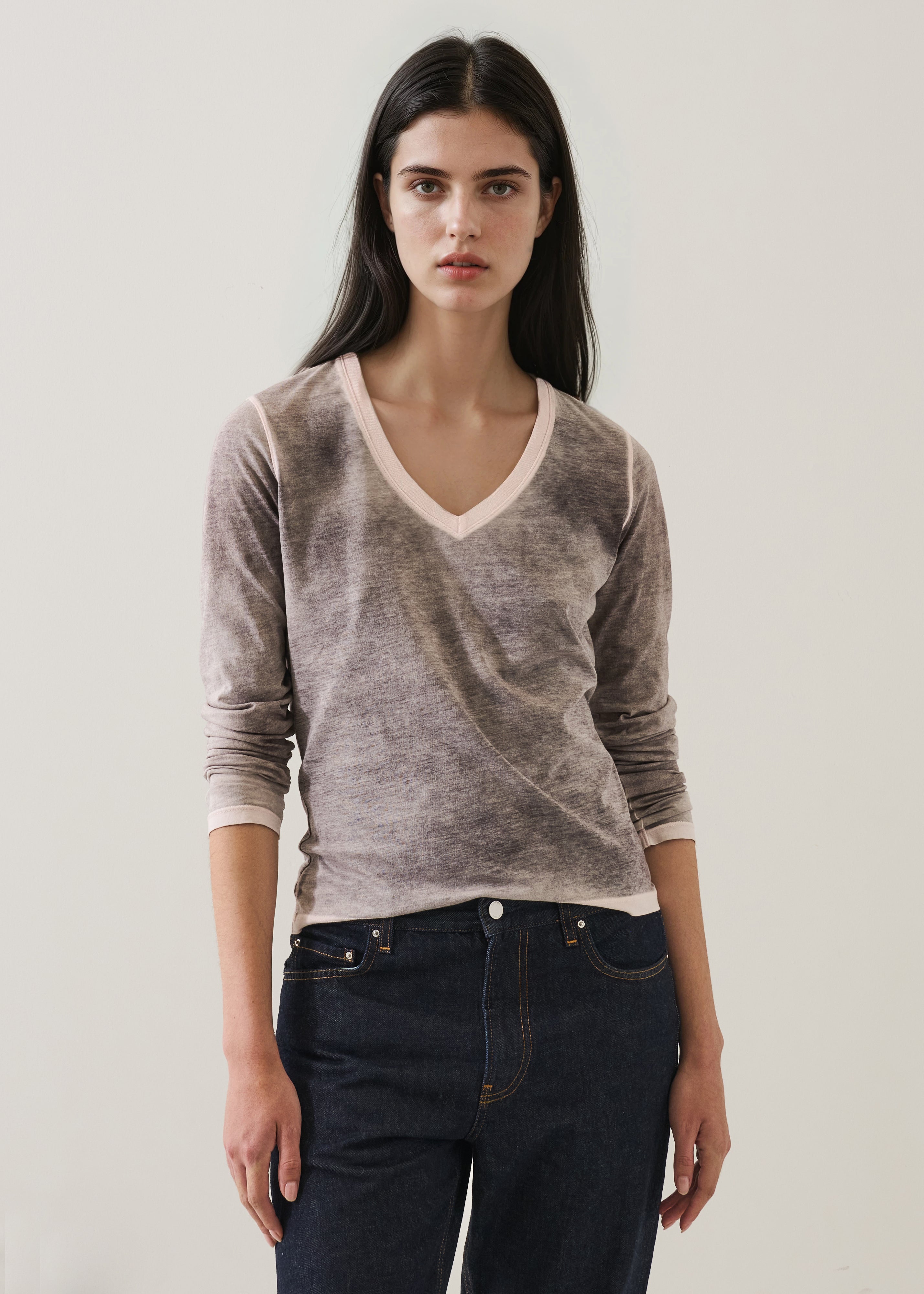 Reverse Spray Lightweight Pima Cotton Long Sleeve V-Neck - PATRICK ASSARAF