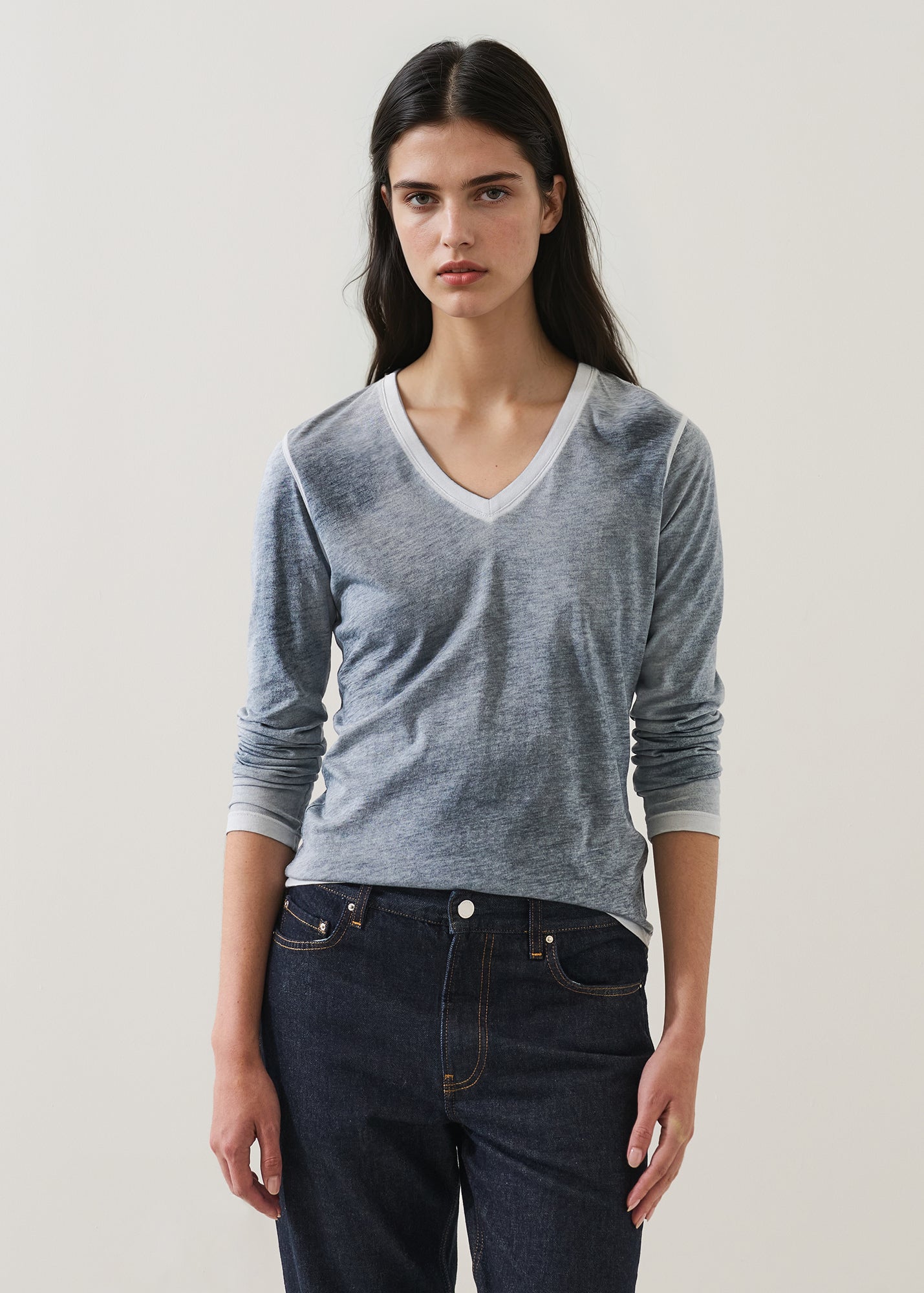 Reverse Spray Lightweight Pima Cotton Long Sleeve V-Neck - PATRICK ASSARAF