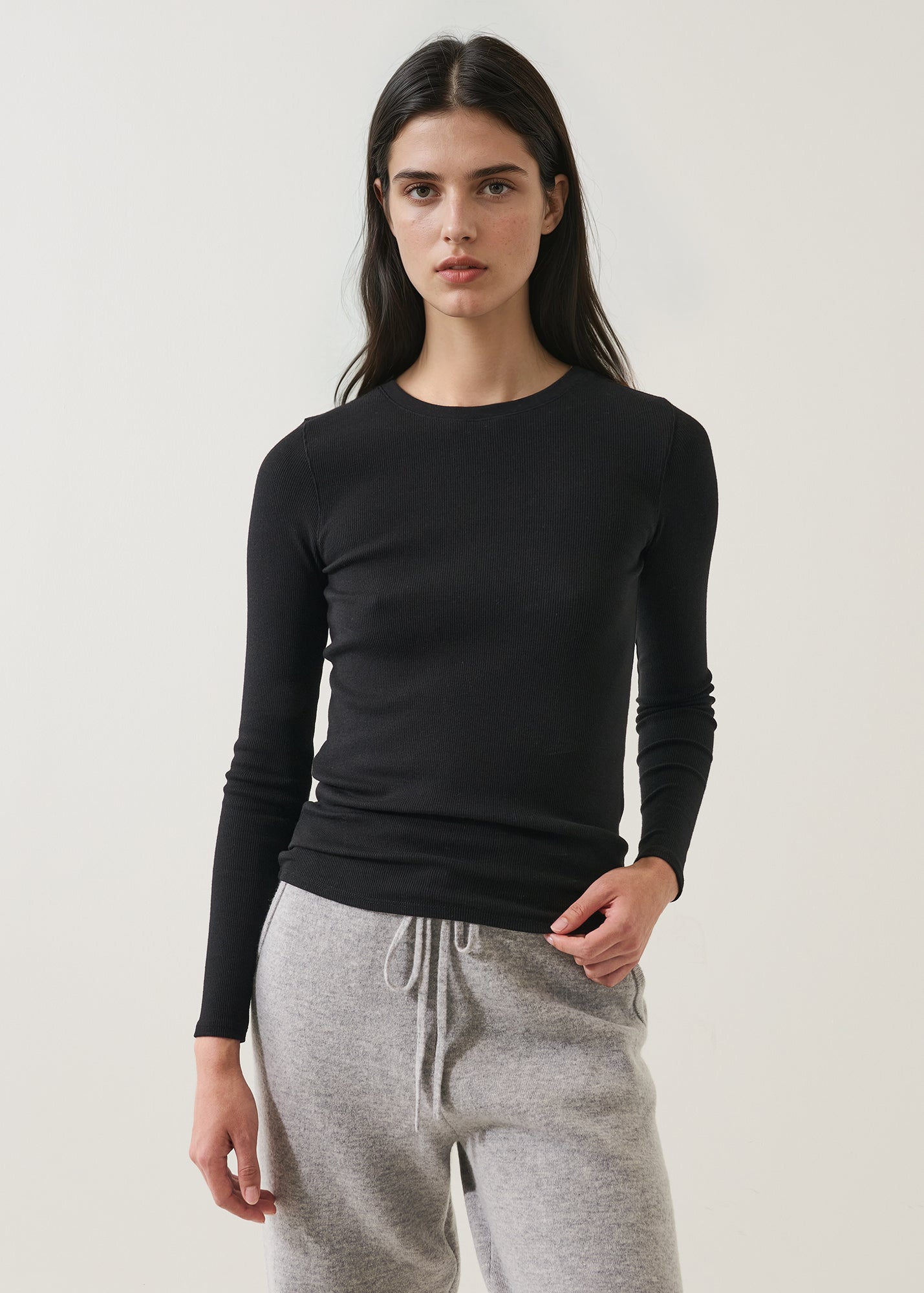 Pima Cotton Stretch Ribbed Long Sleeve Crew Neck T-Shirt