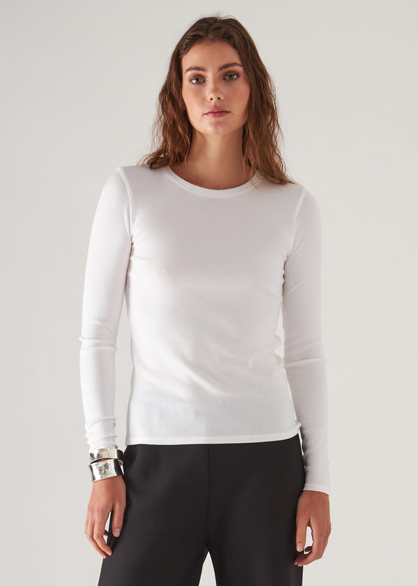 Pima Cotton Stretch Ribbed Long Sleeve Crew Neck T-Shirt