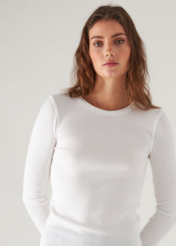 Pima Cotton Stretch Ribbed Long Sleeve Crew Neck T-Shirt