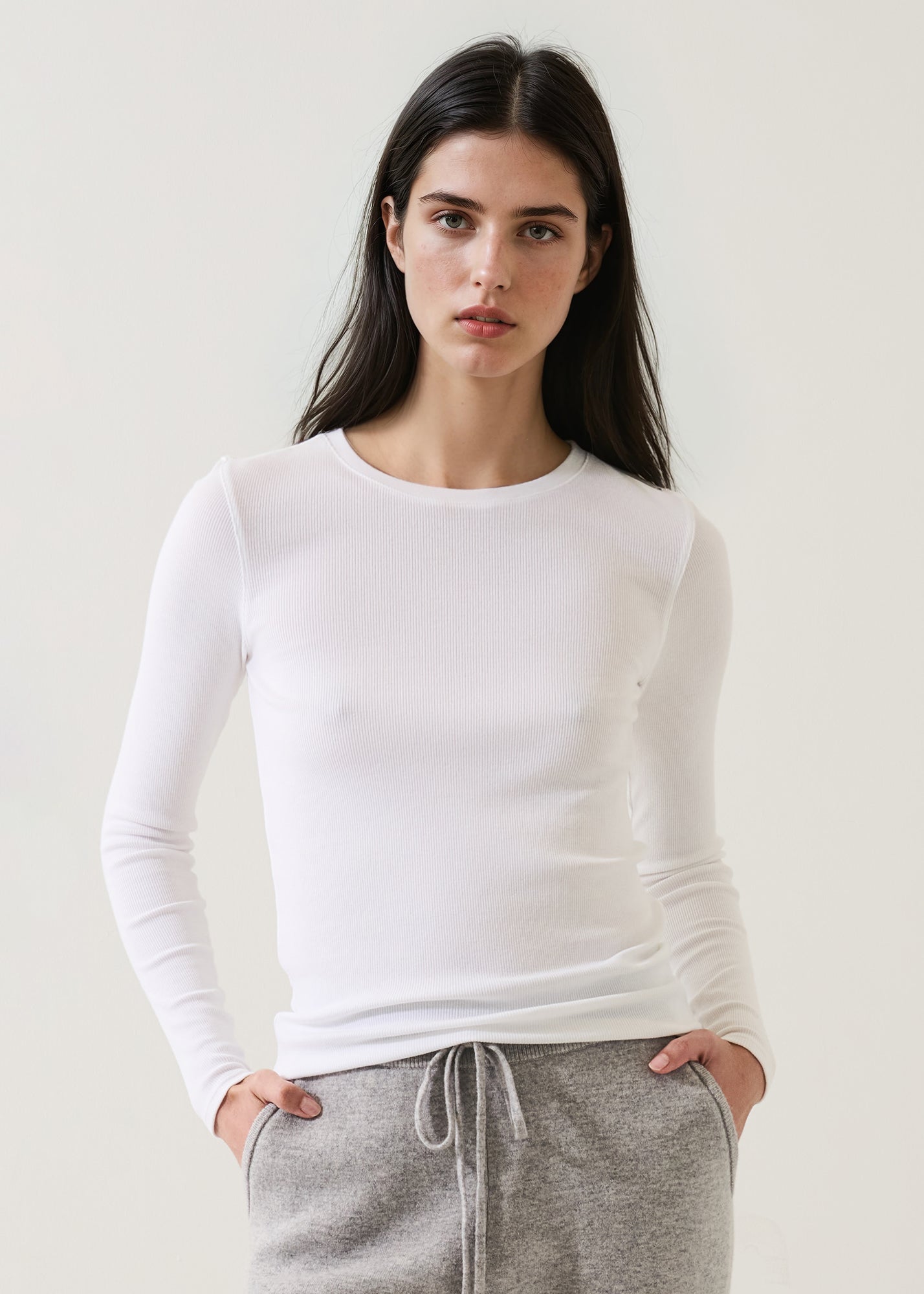 Pima Cotton Stretch Ribbed Long Sleeve Crew Neck T-Shirt