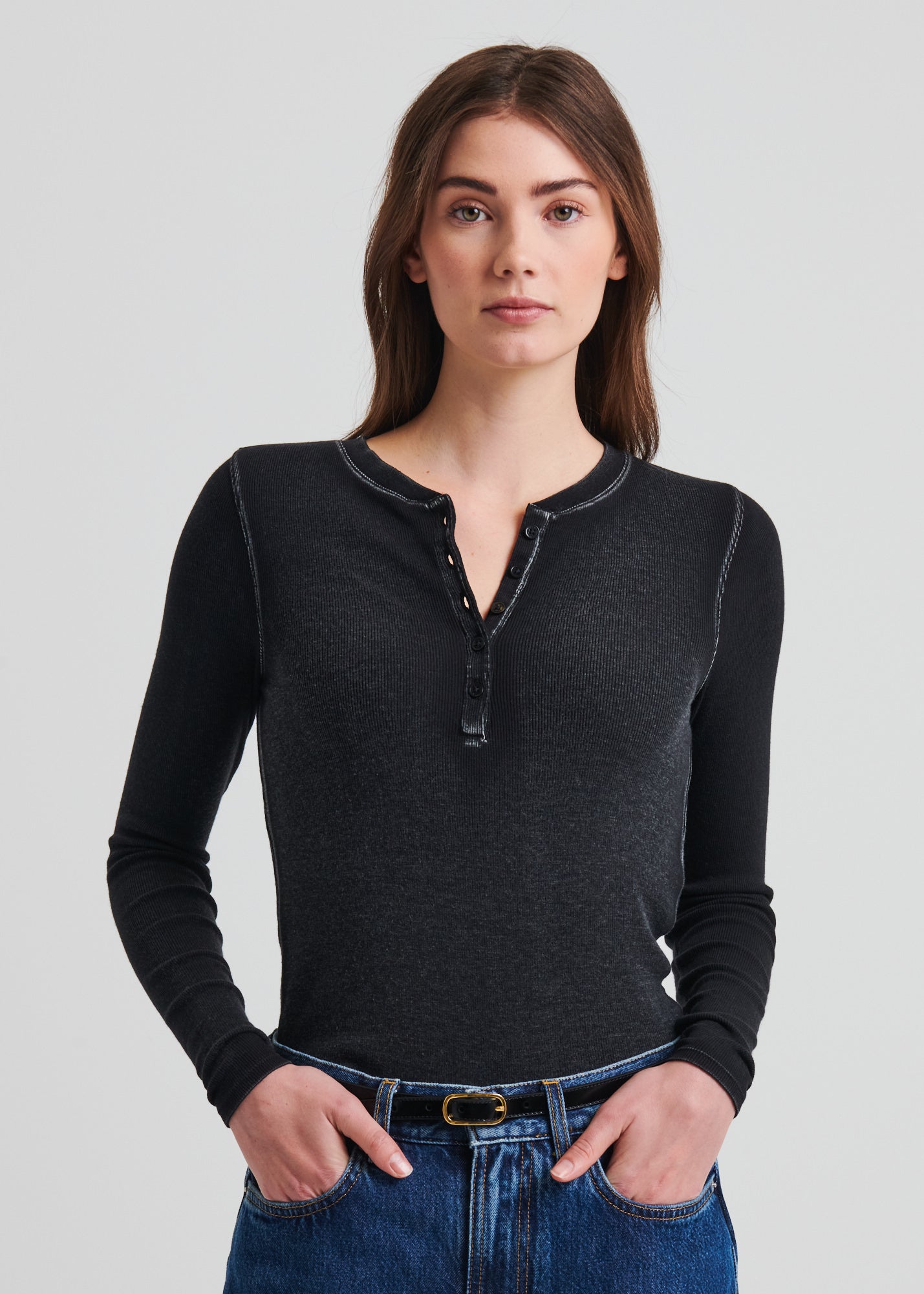 Vintage Wash Pima Cotton Stretch Ribbed Long Sleeve Henley - PATRICK ASSARAF