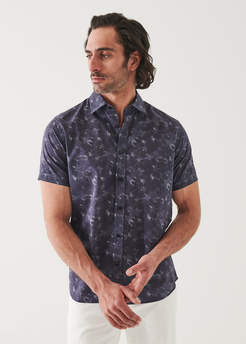 FADED FLORAL PRINT COTTON SHORT SLEEVE SHIRT